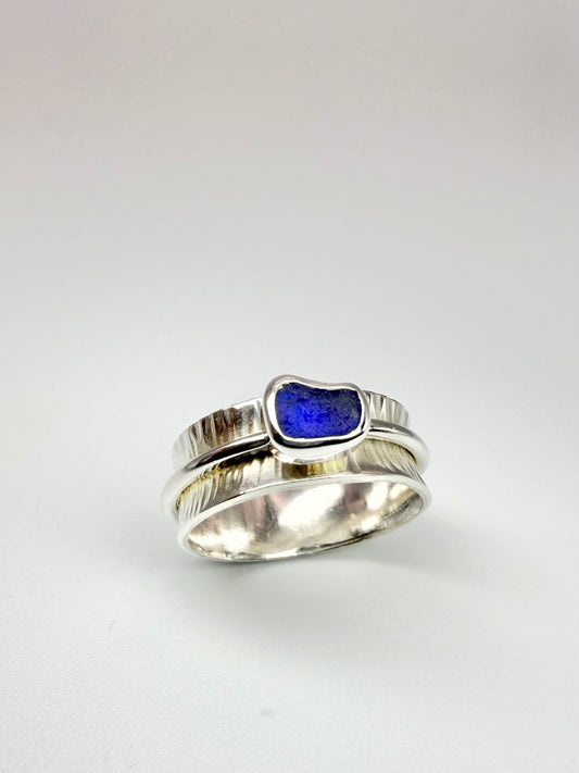 Blue Cornish seaglass spinner ring size P