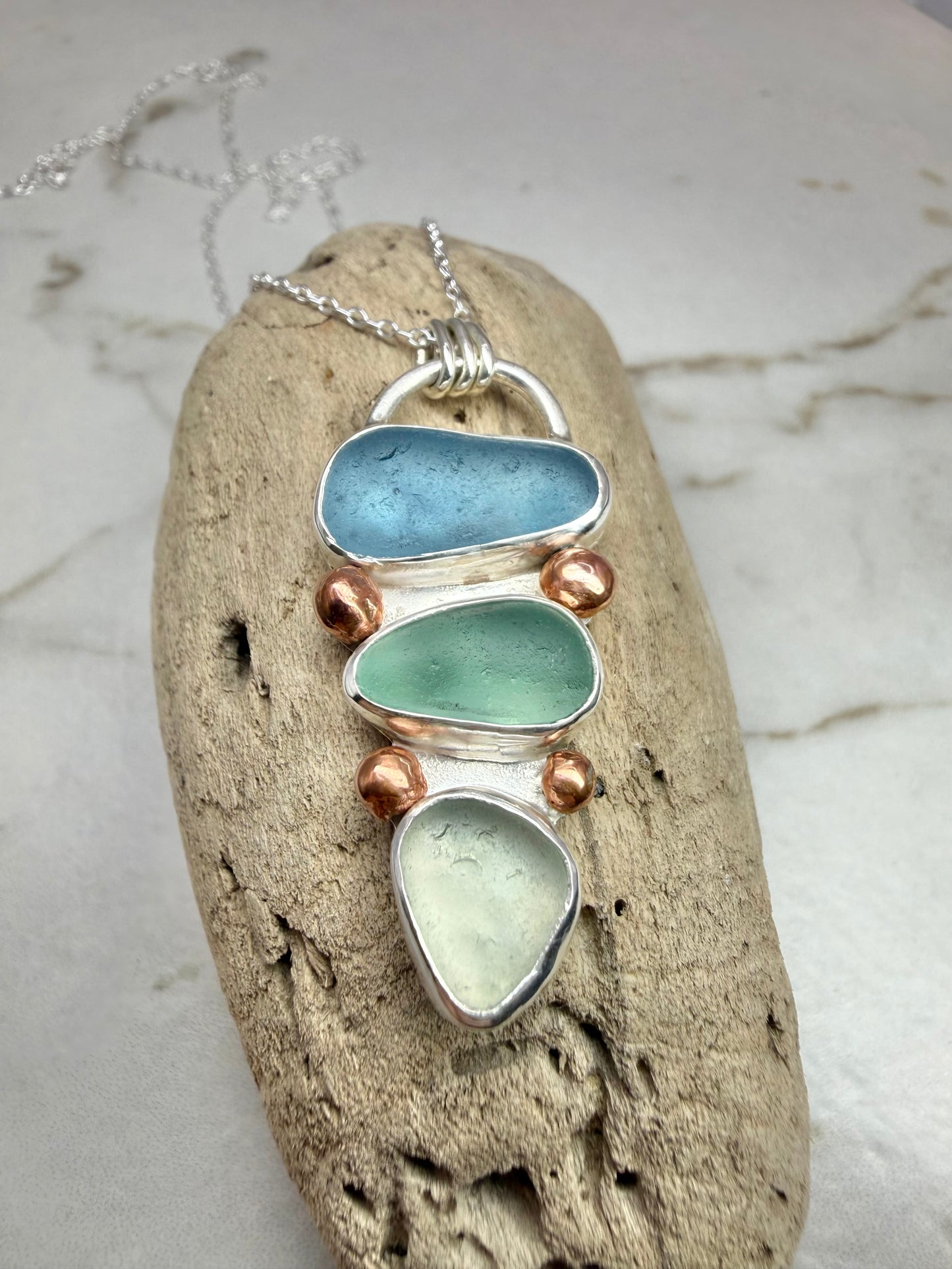 Cornish seaglass & copper trio necklace