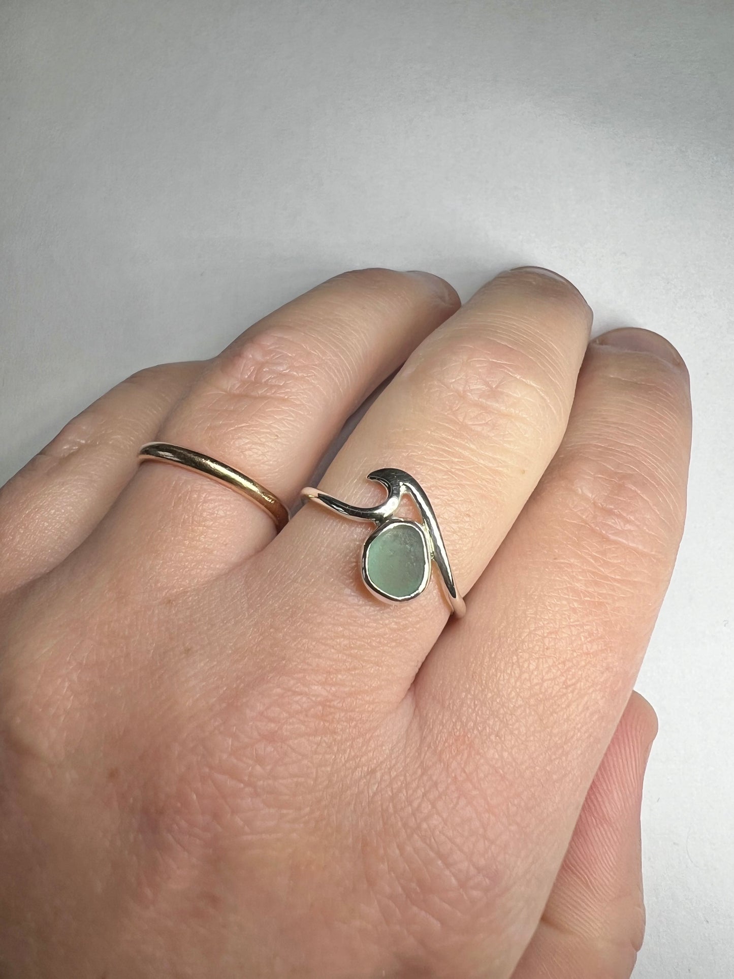 Teal Cornish seaglass wave ring UK size Q1/2