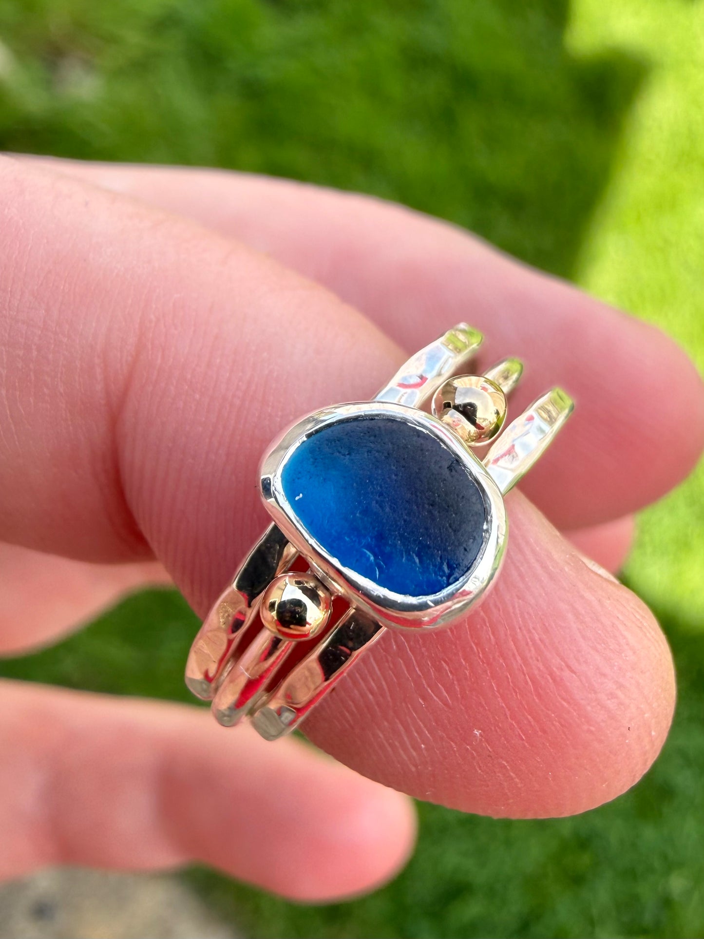 Blue multi seaglass stacking ring set size P