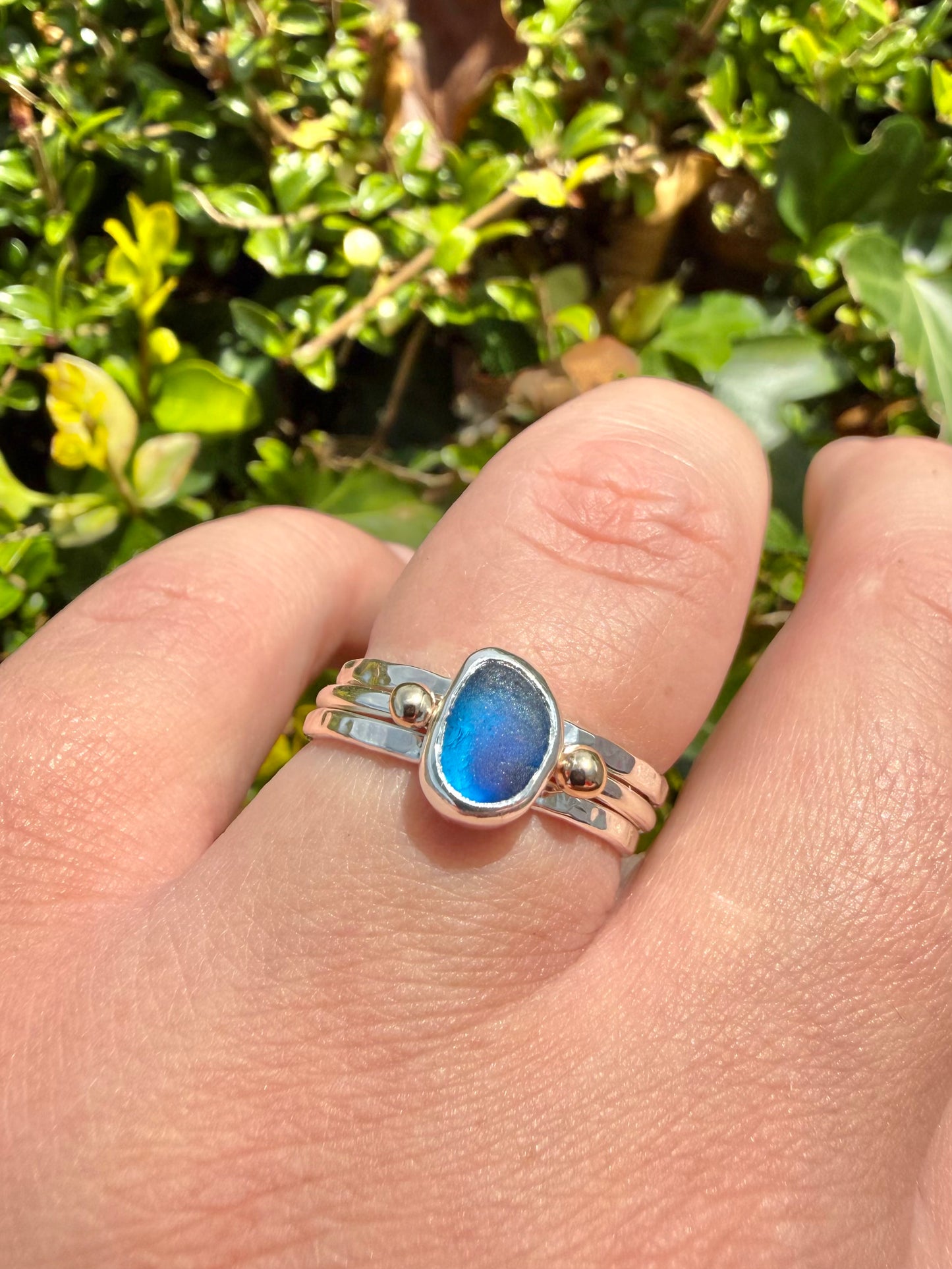 Blue multi seaglass stacking ring set size P