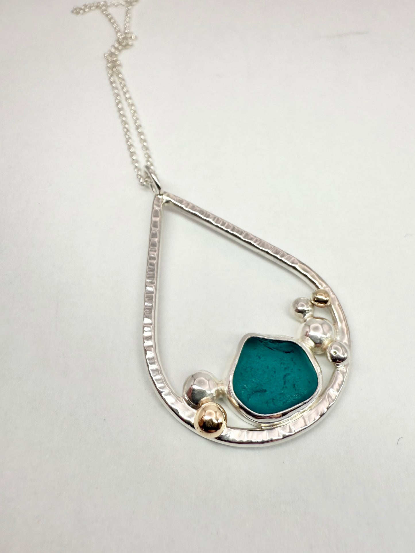 Turquoise Cornish seaglass tear drop necklace 9ct gold & sterling silver