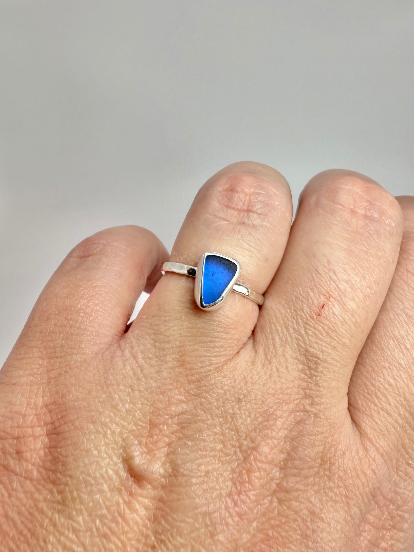 Blue Cornish seaglass ring size N