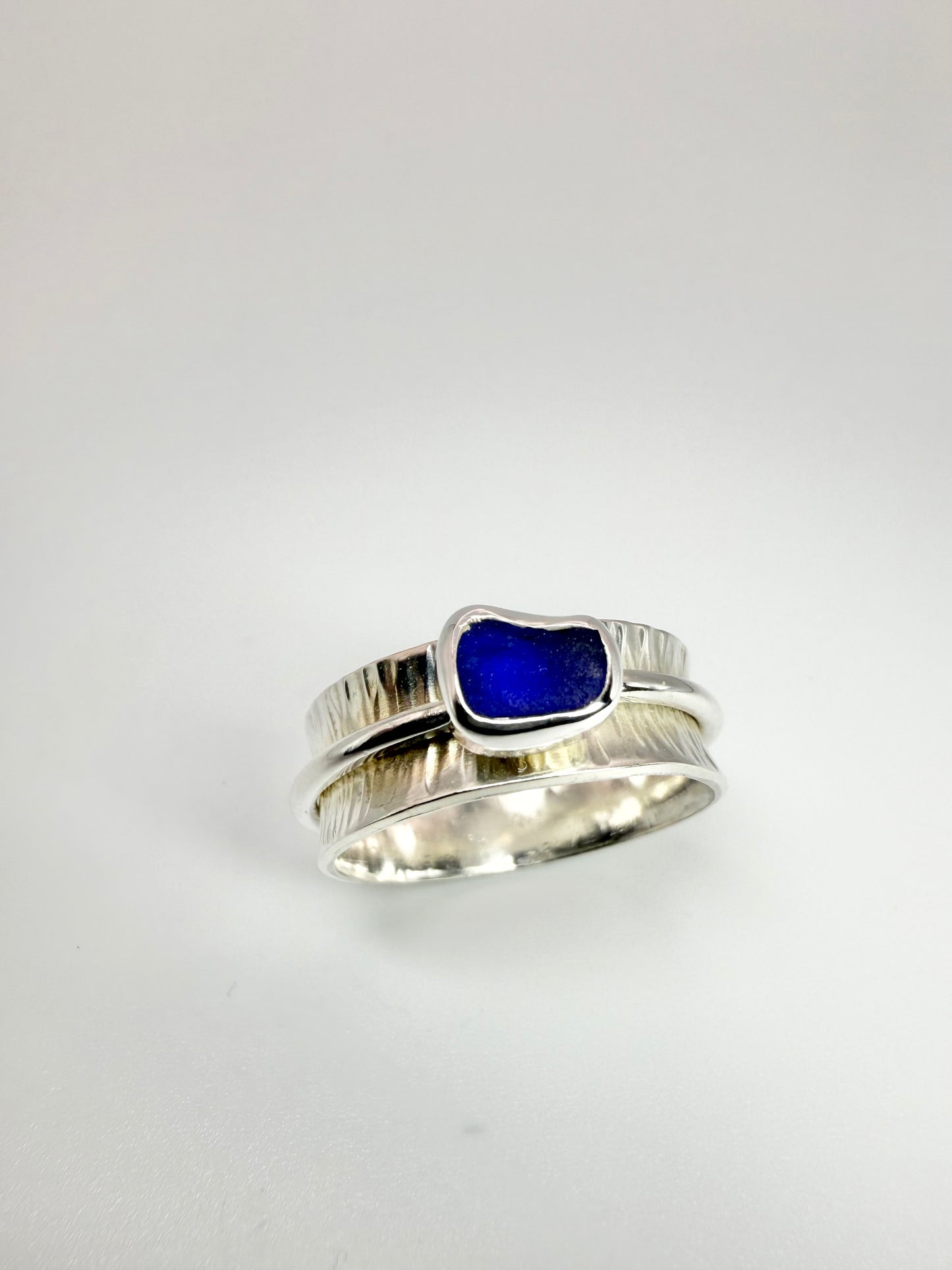 Blue Cornish seaglass spinner ring size P