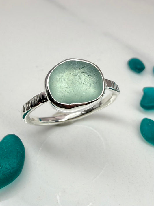 Aqua Cornish seaglass ring size P
