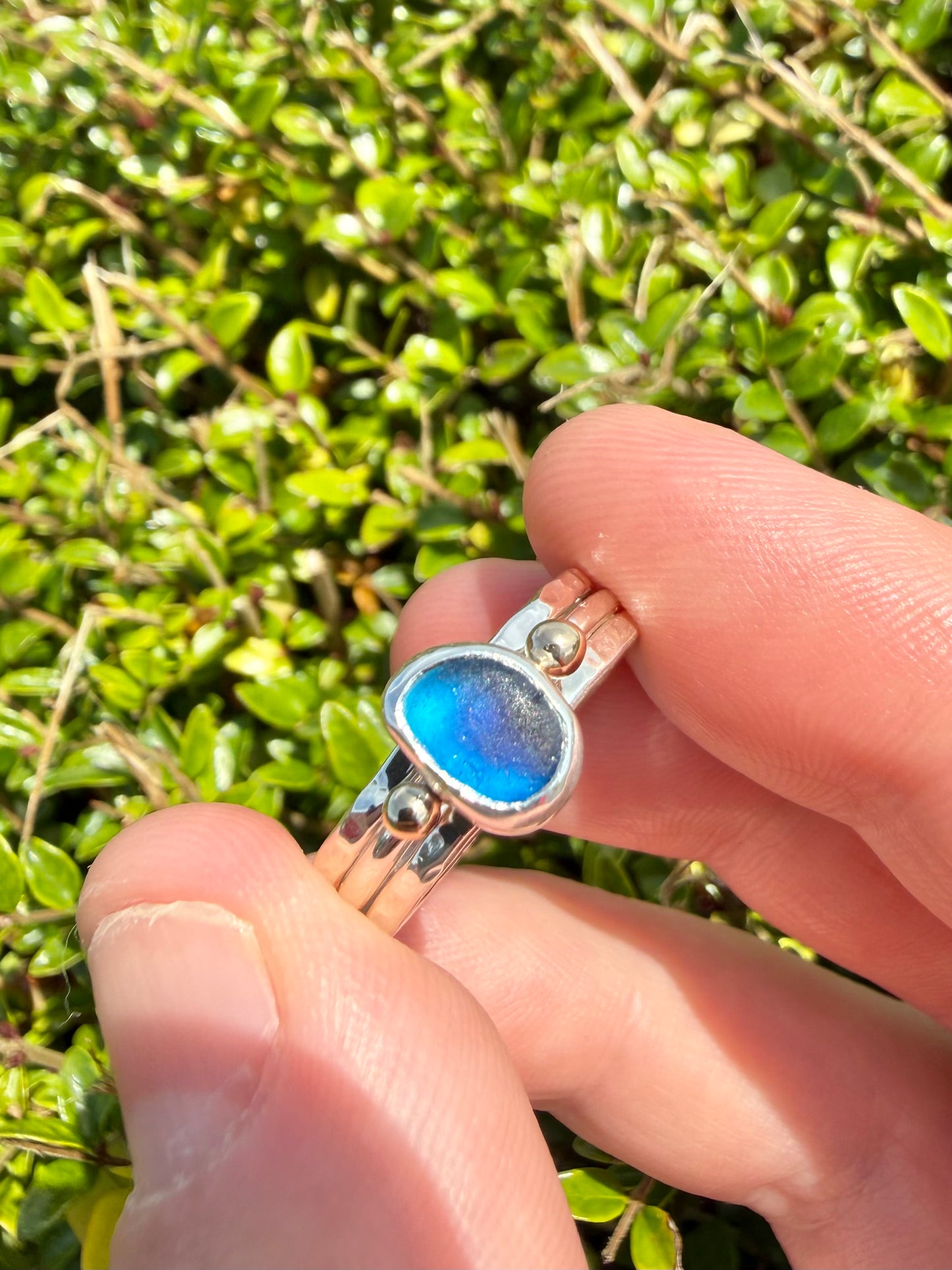 Blue multi seaglass stacking ring set size P