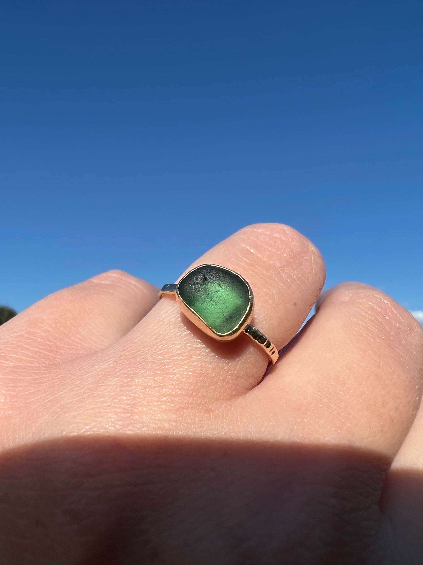 9ct gold & Cornish teal sea glass ring UK size O **Hallmarked**