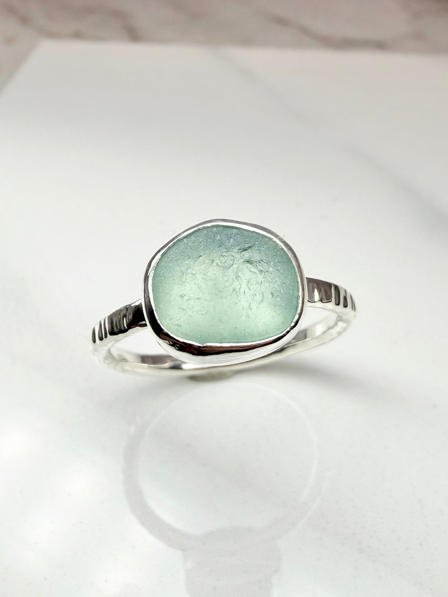 Aqua Cornish seaglass ring size P