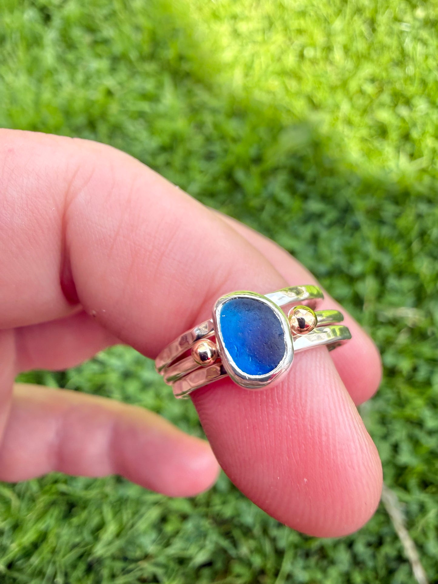 Blue multi seaglass stacking ring set size P