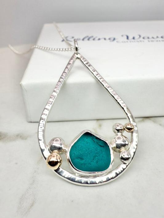 Turquoise Cornish seaglass tear drop necklace 9ct gold & sterling silver