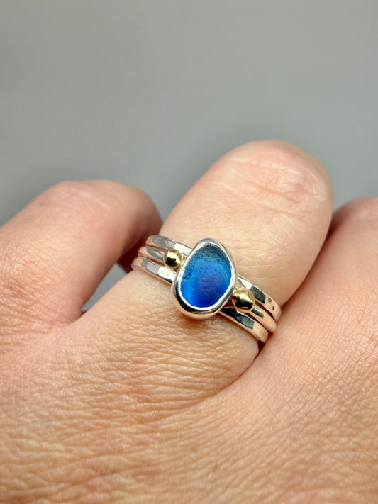 Blue multi seaglass stacking ring set size P