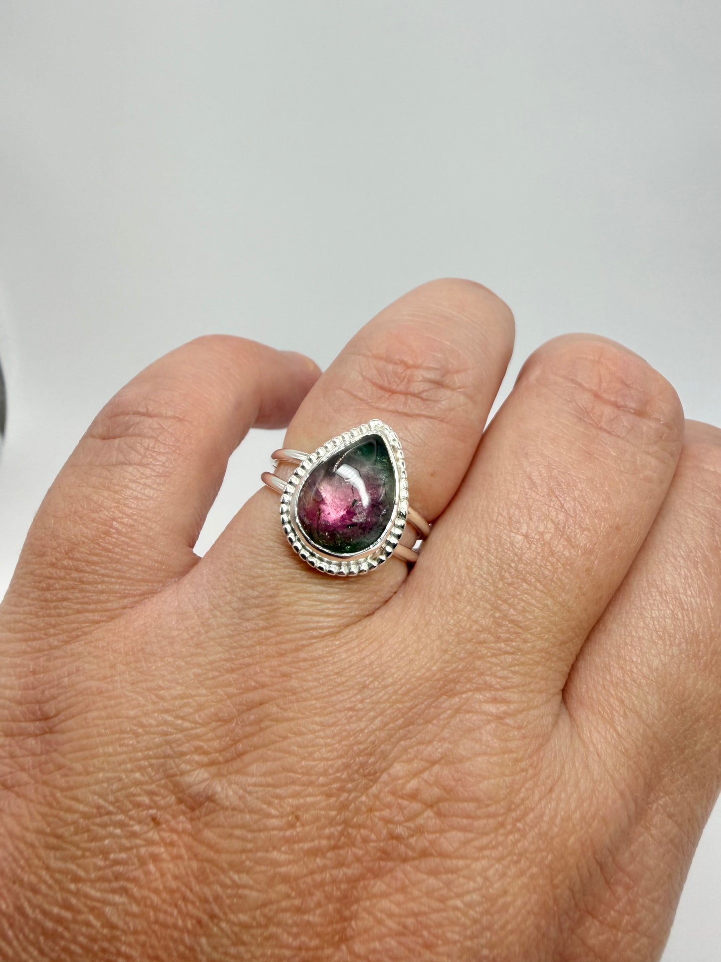 ‘Aurora ring’ Watermelon tourmaline double banded ring size M