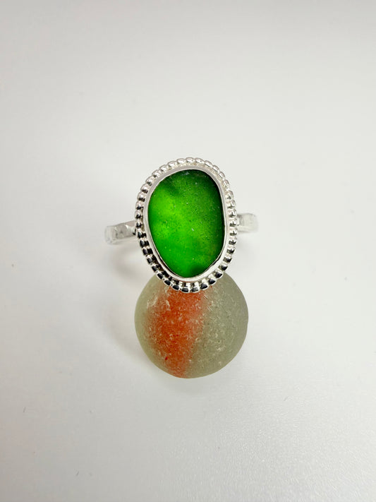 Green Cornish seaglass ring size N