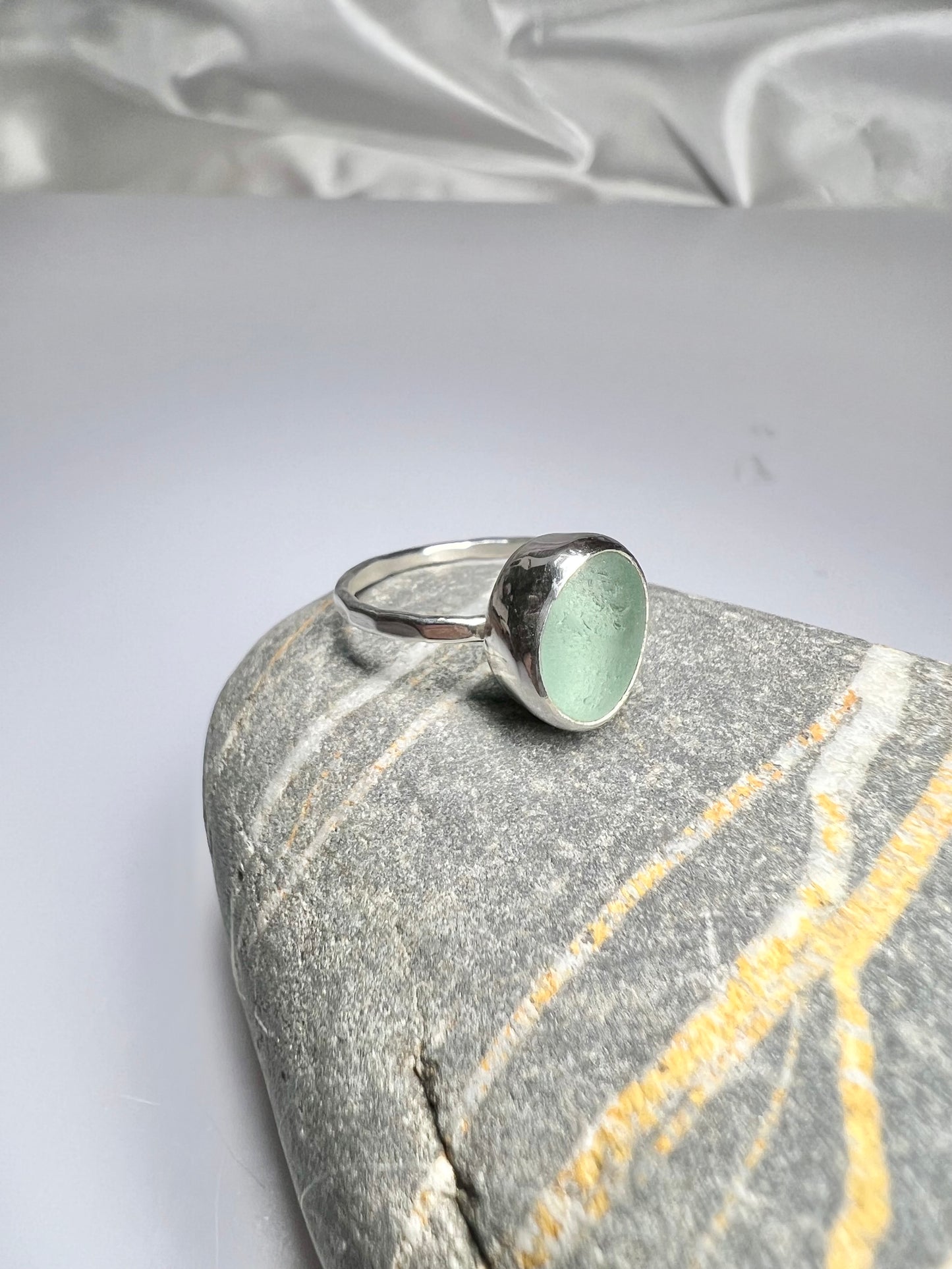 Sea foam green Cornish seaglass ring size L *hallmarked*