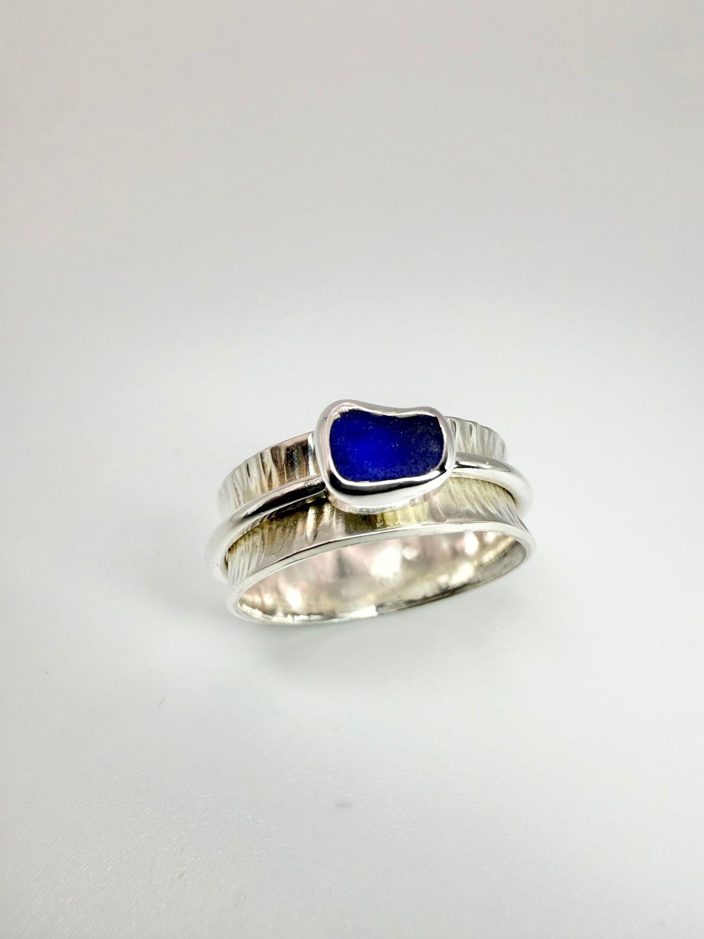 Blue Cornish seaglass spinner ring size P
