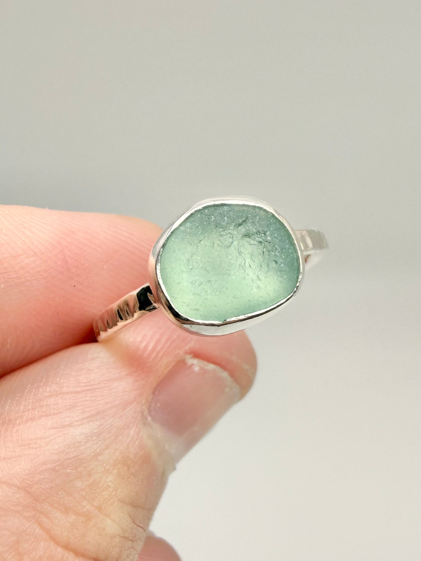 Aqua Cornish seaglass ring size P