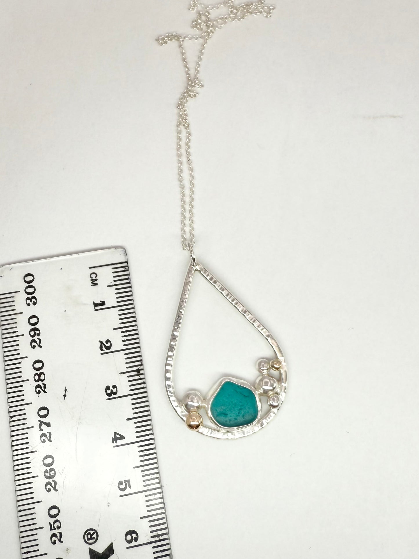 Turquoise Cornish seaglass tear drop necklace 9ct gold & sterling silver