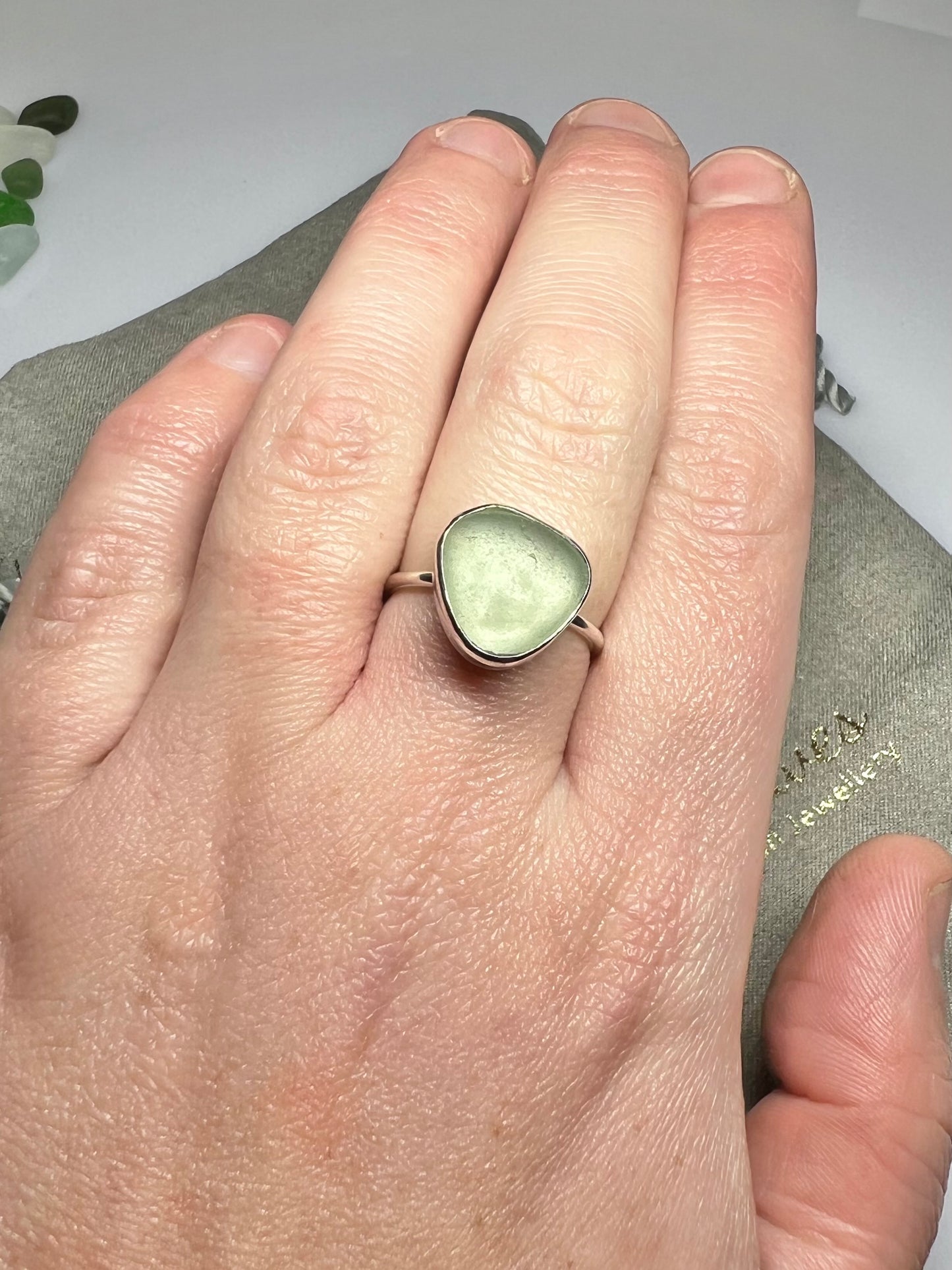 Sea foam green Cornish sea glass ring size P