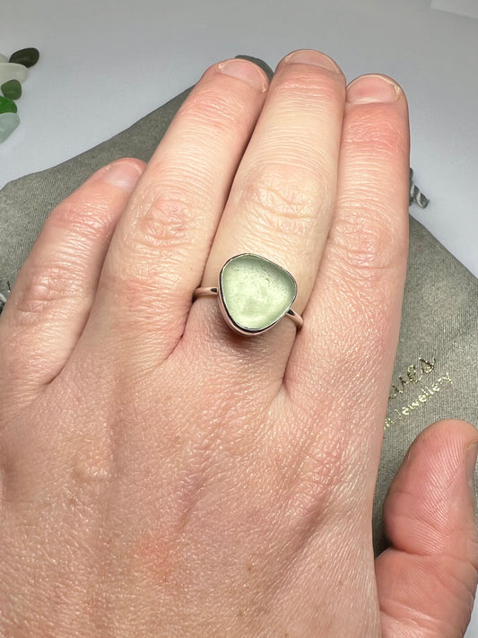 Sea foam green Cornish sea glass ring size P