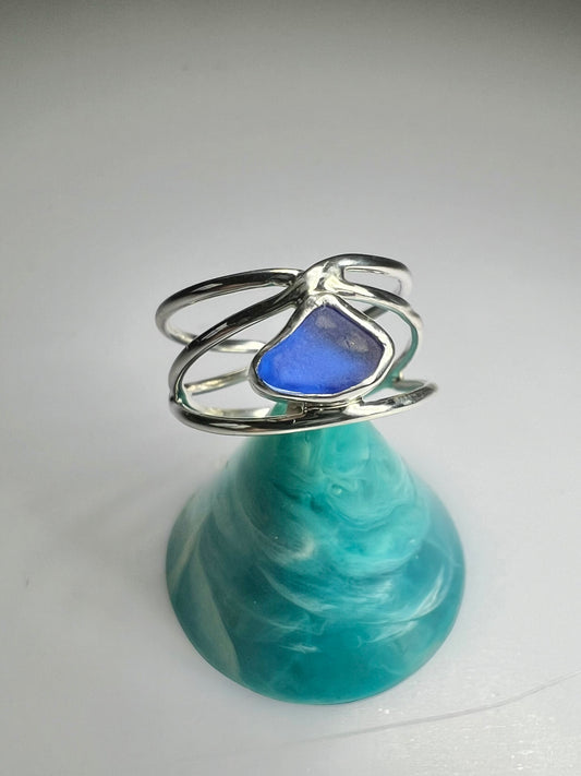 Entangled ring- blue Cornish seaglass size O