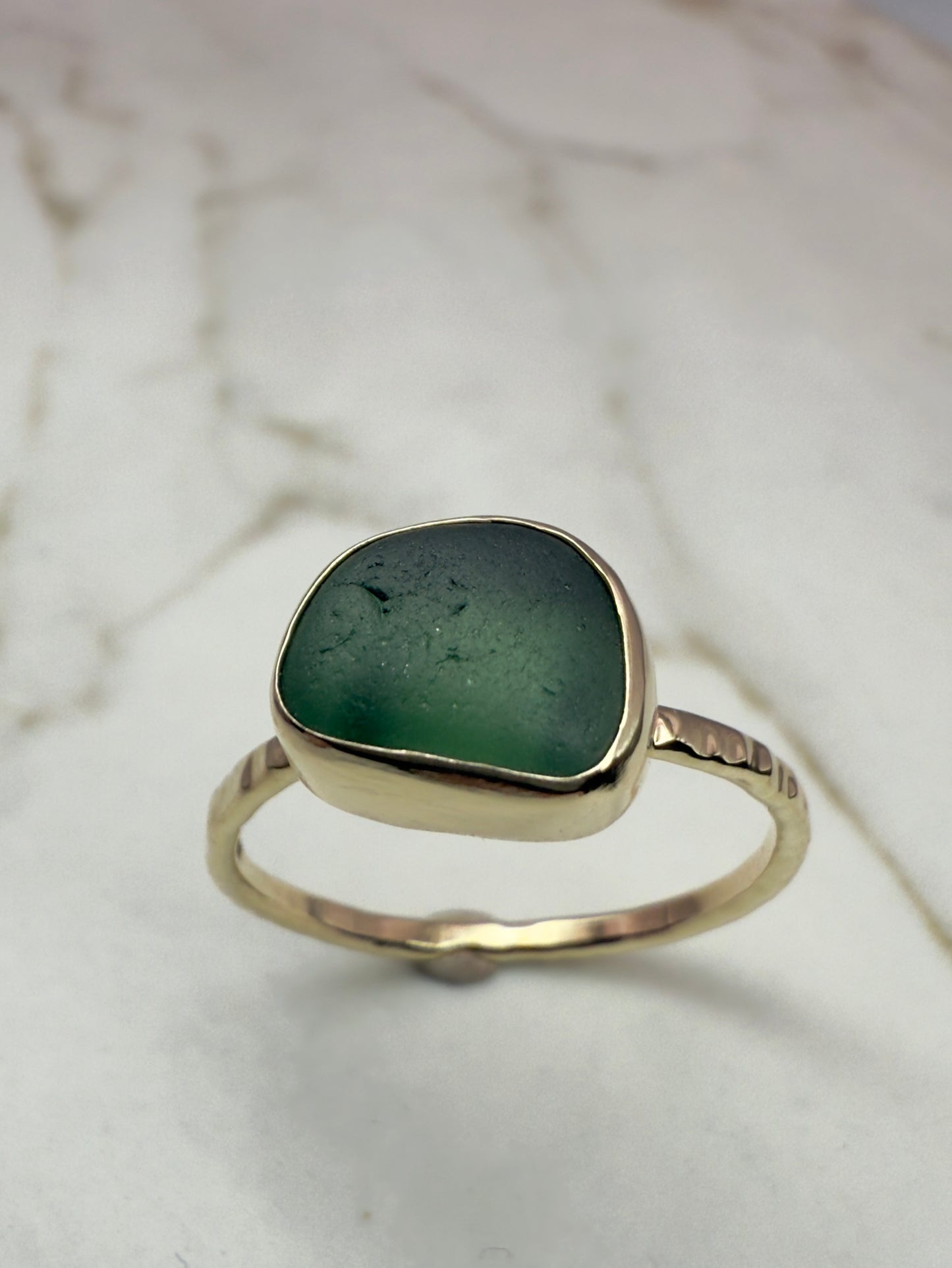 9ct gold & Cornish teal sea glass ring UK size O **Hallmarked**