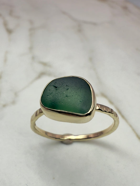 9ct gold & Cornish teal sea glass ring UK size O **Hallmarked**