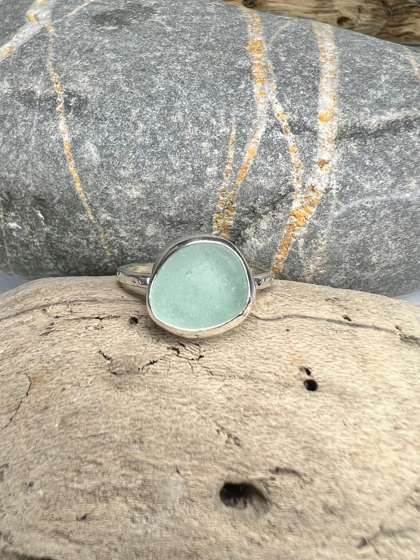 Cornish pale aqua seaglass ring UK size L