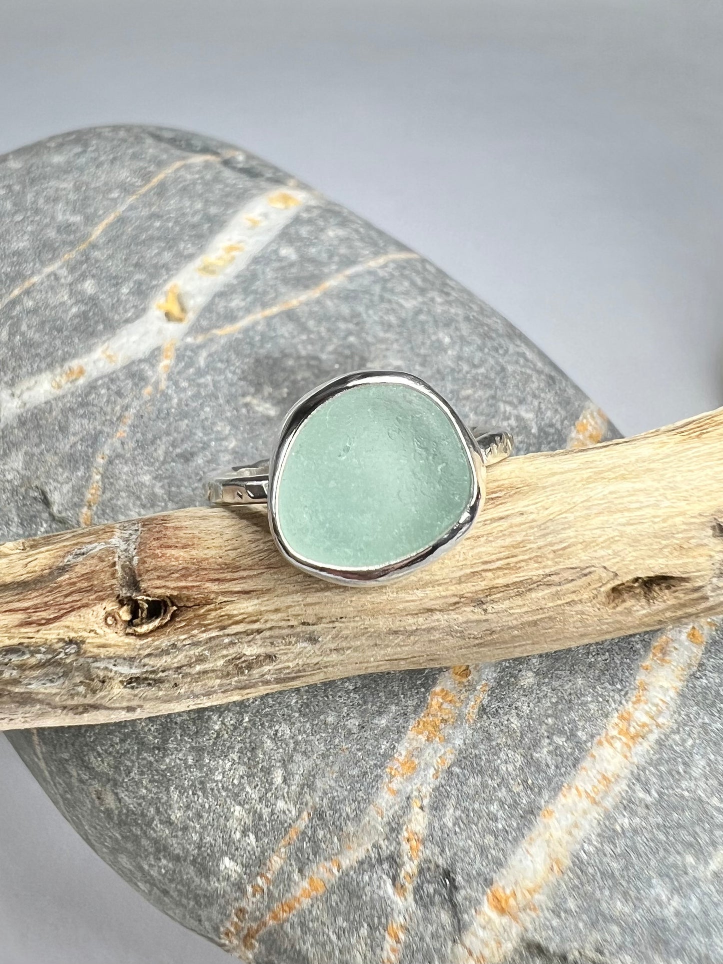 Cornish pale aqua seaglass ring UK size L