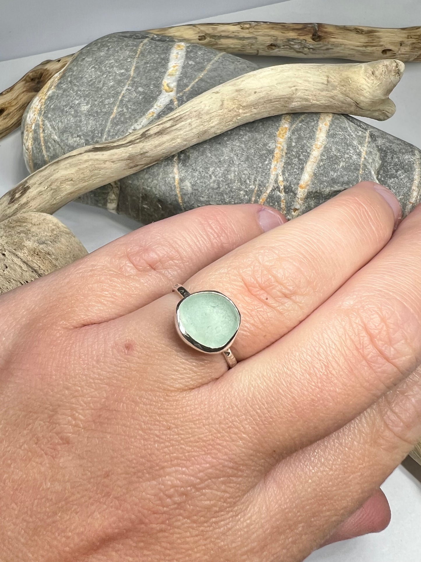 Cornish pale aqua seaglass ring UK size L