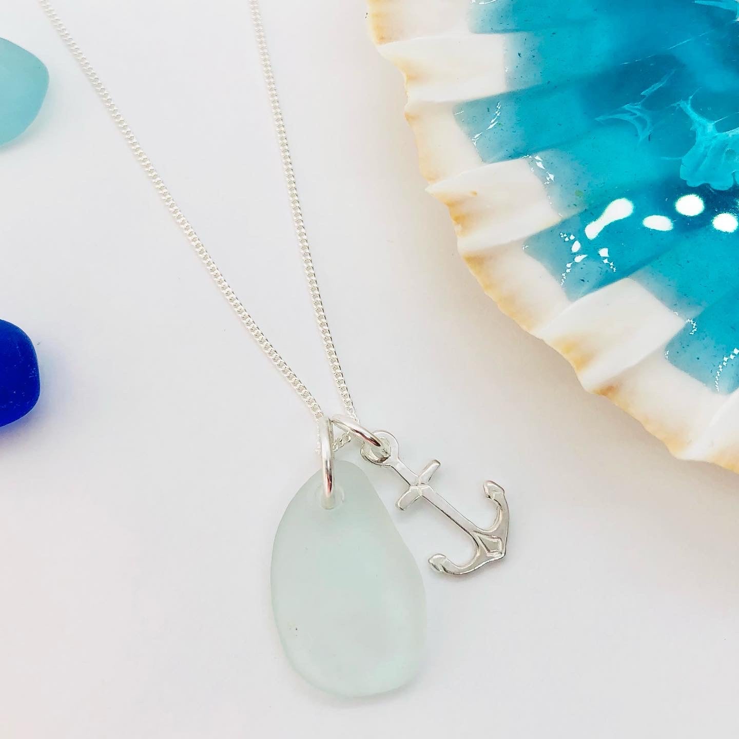 Cornish seaglass and sterling silver anchor necklace