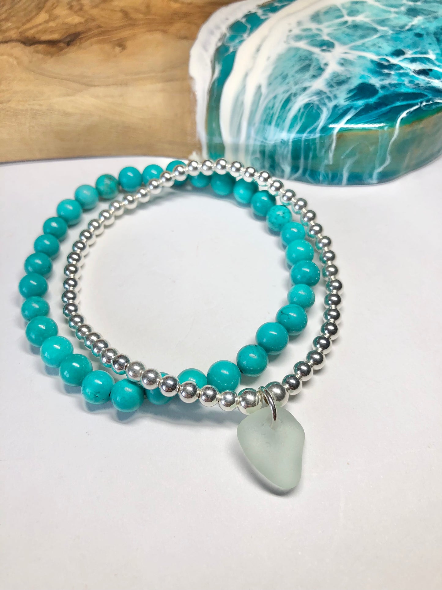 Sterling silver beaded bracelet with a Cornish sea glass charm
