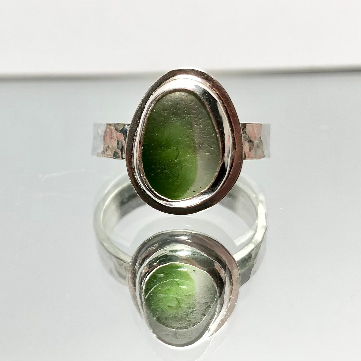 Green and white multi sea glass ring size UK M - Sterling silver