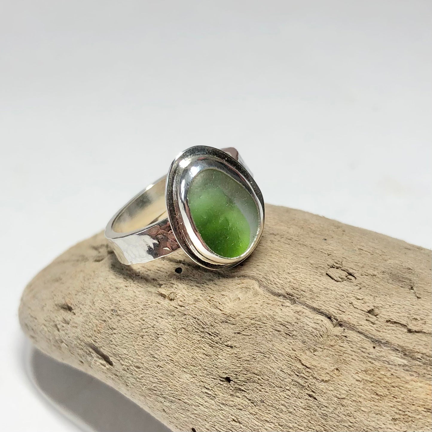 Green and white multi sea glass ring size UK M - Sterling silver