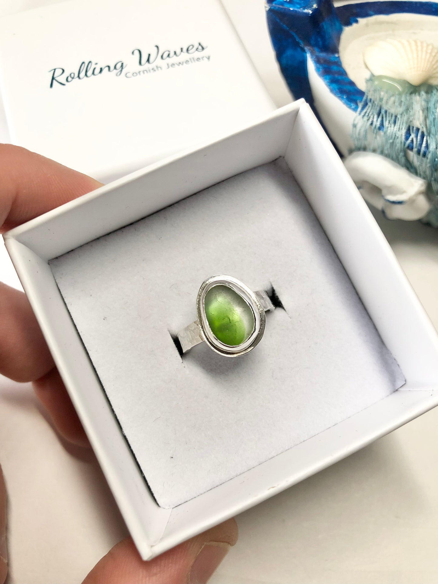 Green and white multi sea glass ring size UK M - Sterling silver
