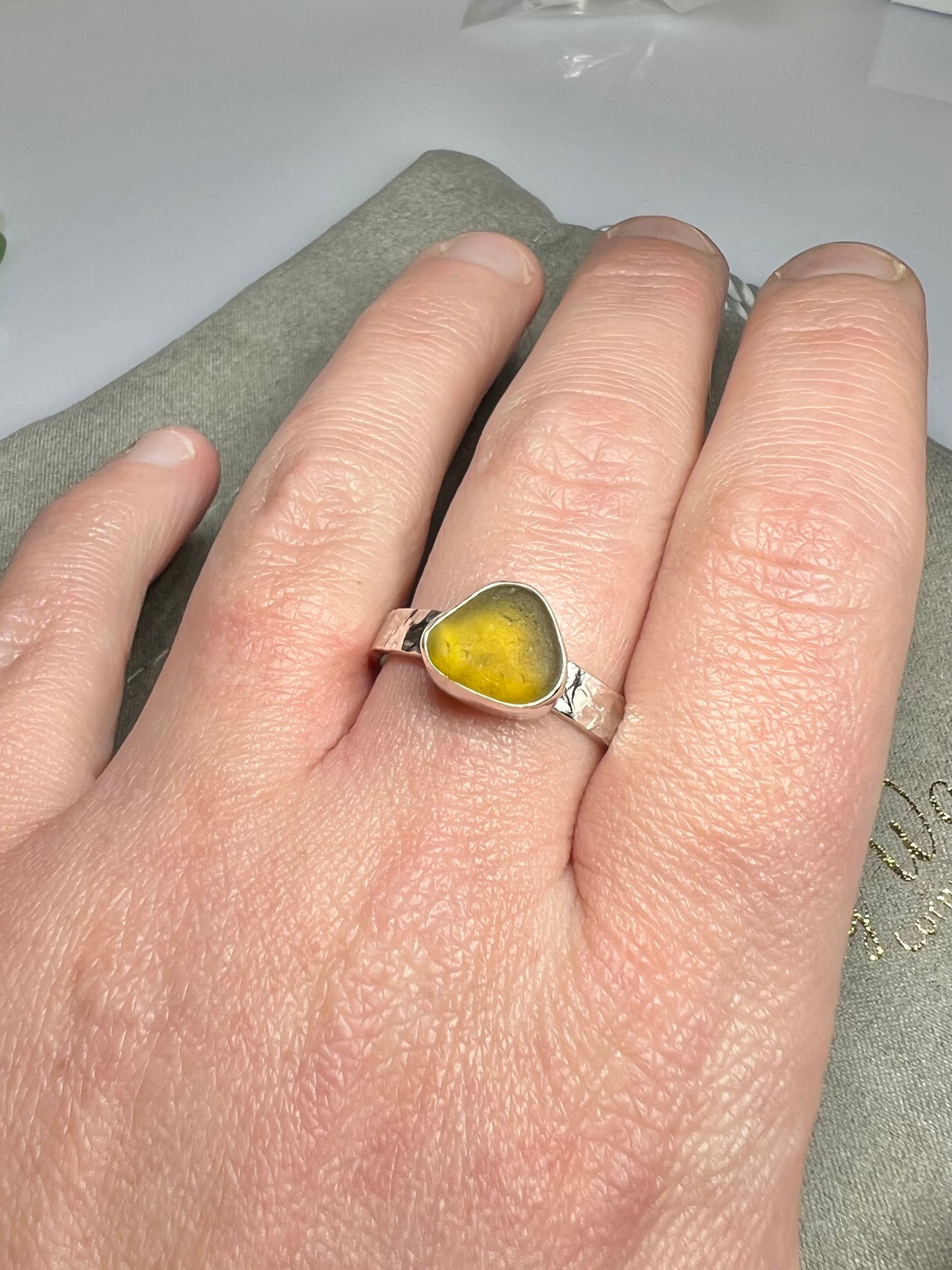 Rare yellow seaglass ring. Size U1/2 hallmarked