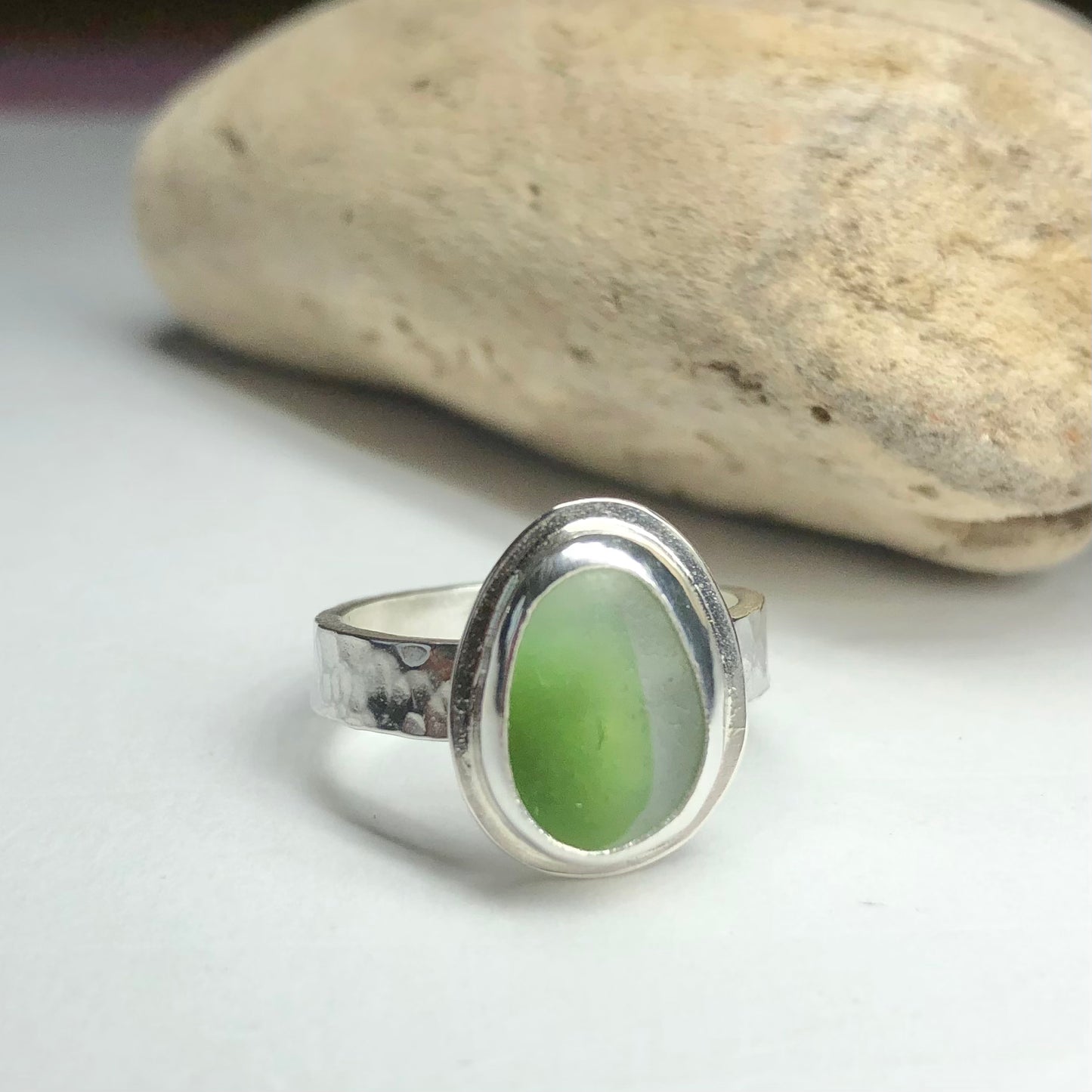 Green and white multi sea glass ring size UK M - Sterling silver