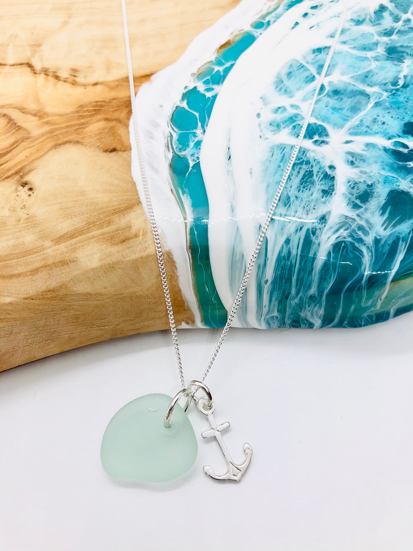 Cornish seaglass and sterling silver anchor necklace