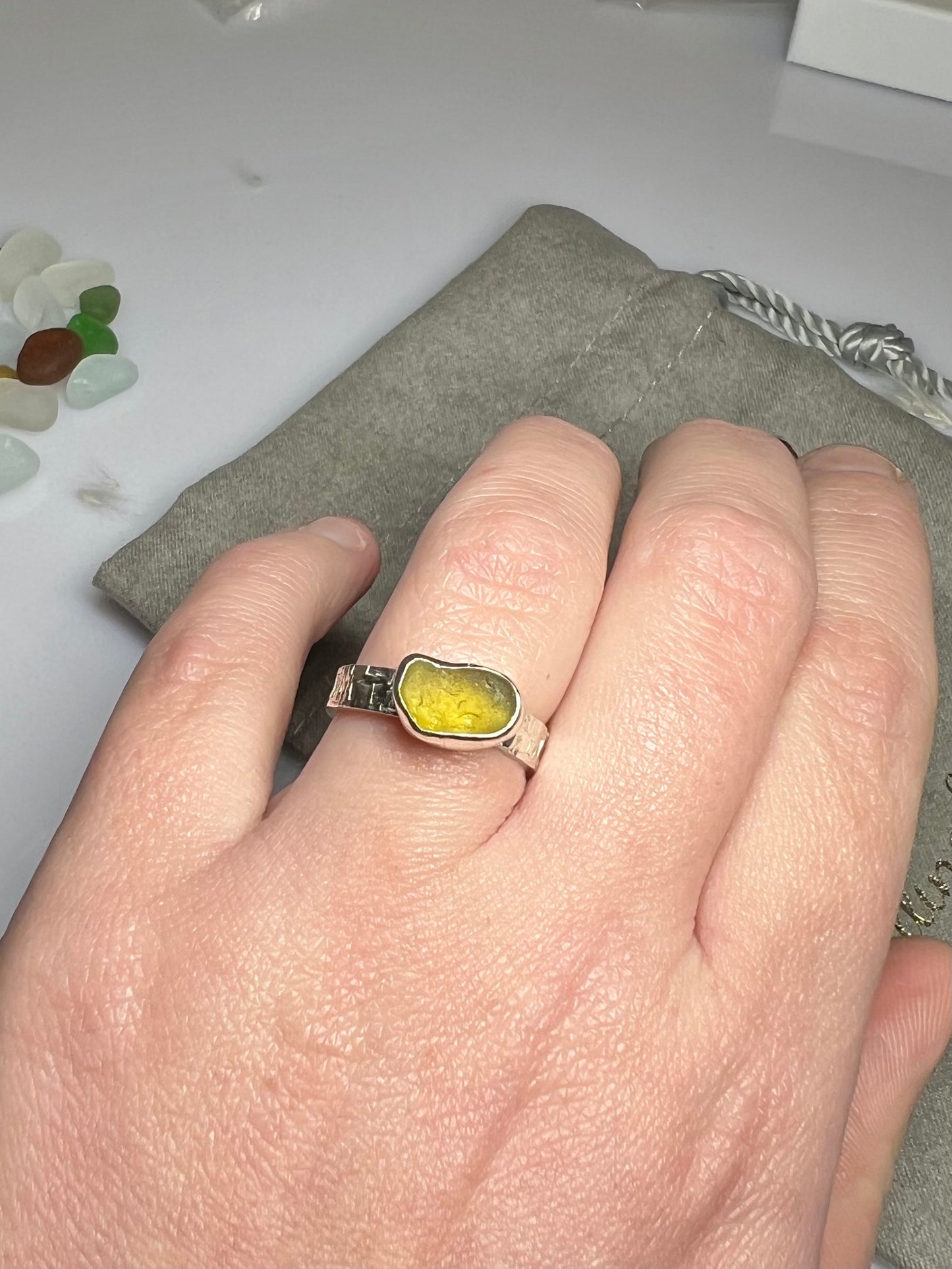 Cornish lime/yellow seaglass ring. Size O1/2 hallmarked