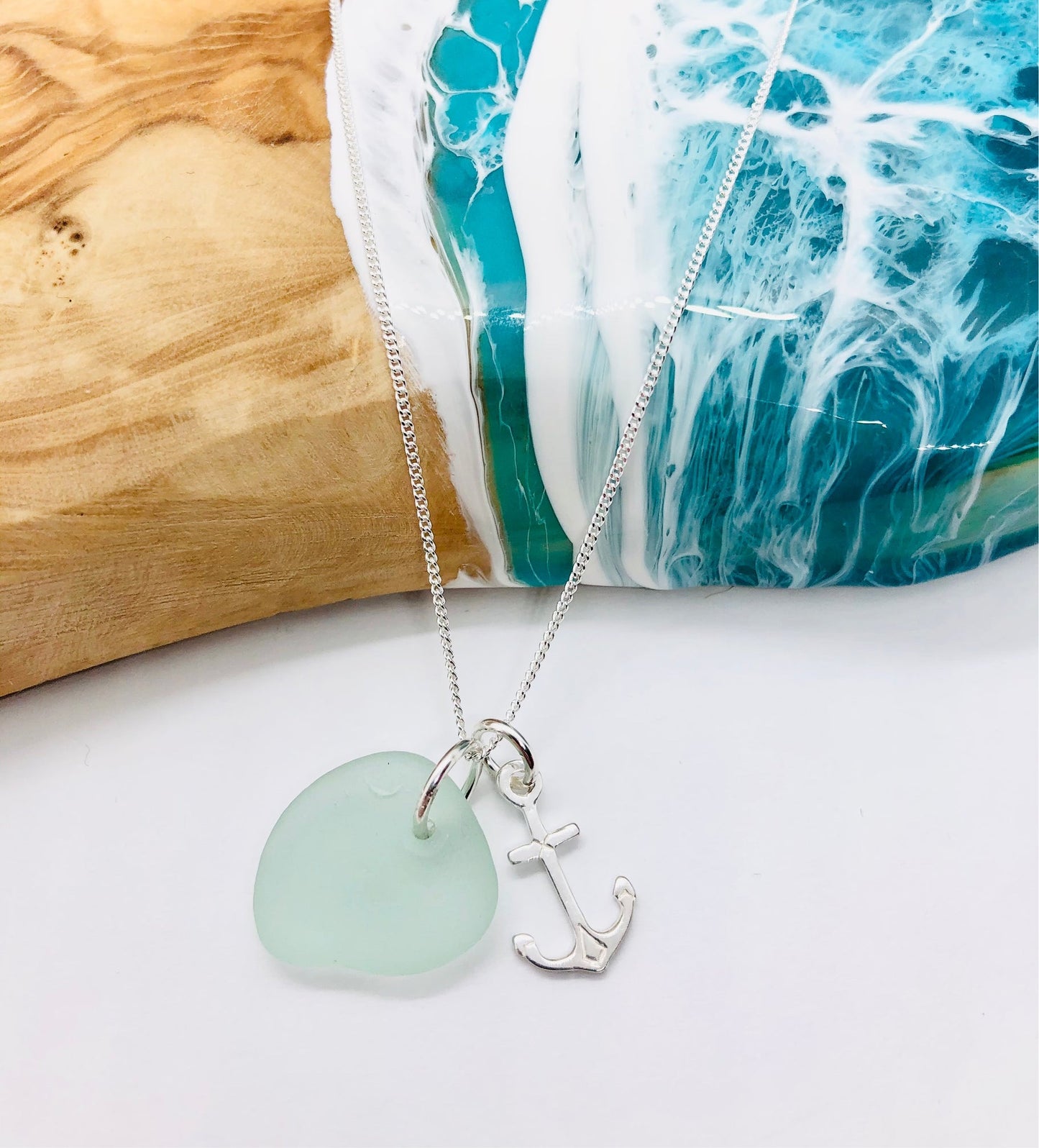 Cornish seaglass and sterling silver anchor necklace